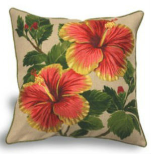 embroidered pillow cover - "red/yellow hibiscus" (Cotton LINEN)