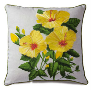 embroidered pillow cover - "yellow hibiscus" (cotton LINEN)